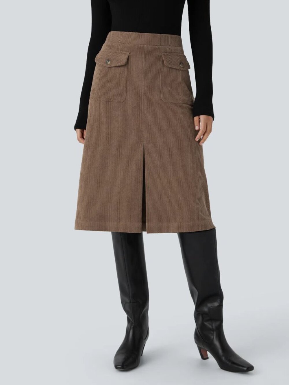 Halara Mid Skirt Midi Rise Front Side Flap Pocket Corduroy Brown NWT Size Large